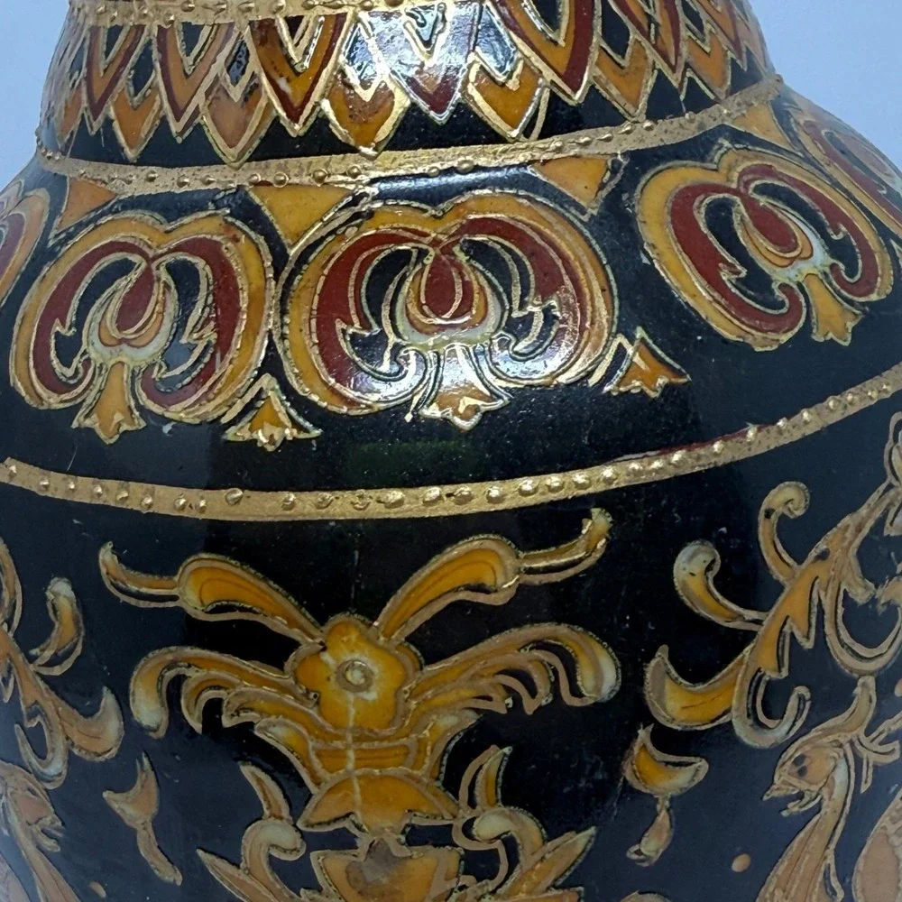 Vintage‎ Chinese Vase Black Gold French Phoenix Crest Floral Chinoiserie 11